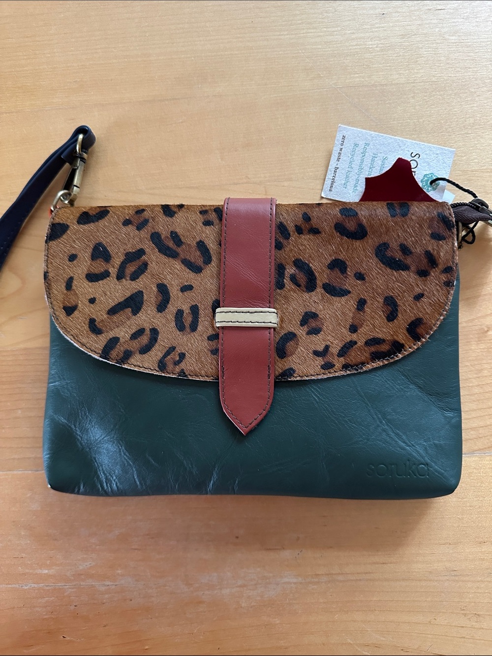 Soruka Hand Made Green Leather & Leopard Flap Bag
